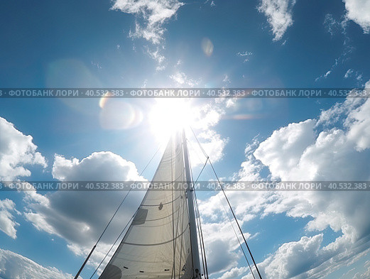 Luxury yachts on a sailing regatta. The bright sun is at its zenith. Sailing in the wind through the waves at sea. Bottom view from. Created by Ai. Стоковое AI-изображение, AI-художник Ярославский Максим / Фотобанк Лори