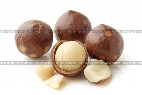 Macadamia nuts showing shelled and whole nuts on white background. Стоковое AI-изображение, AI-художник Иван Рябоконь / Фотобанк Лори