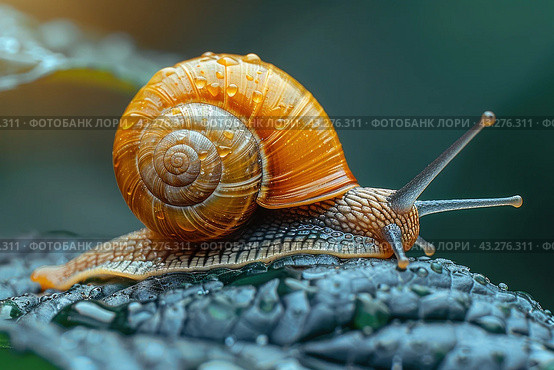 Macro beautiful lovely snail in grass with morning dew. Snail Muller gliding on the wet leaves. Large white mollusk snails with brown striped shell. Стоковое AI-изображение, AI-художник Ирина Михайличенко / Фотобанк Лори