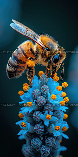 Macro illustration of a honey bee collecting nectar from a blue flower. The beauty of nature. Стоковое AI-изображение, AI-художник Ярославский Максим / Фотобанк Лори