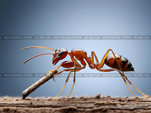 Macro photography insect ant drags a blade of grass on blue background close up. Стоковое AI-изображение, AI-художник Наталья Симакова / Фотобанк Лори