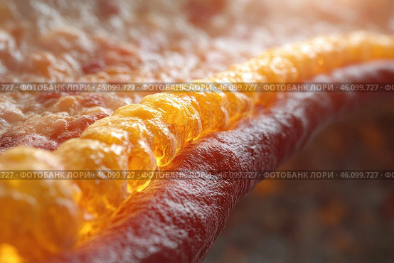 Macro shot of a delicious slice of pizza with toppings inside the crust. The textures of the melted, gooey cheese are visible, which seems to glow with an amber hue, creating the effect of juiciness and warmth. The crust has a ruddy, slightly crispy structure, and the surface of the dough looks airy. The overall tone of the photo is warm, with a soft glow, emphasizing the texture and depth of the photo. Стоковое AI-изображение, AI-художник Анна Кривицкая / Фотобанк Лори