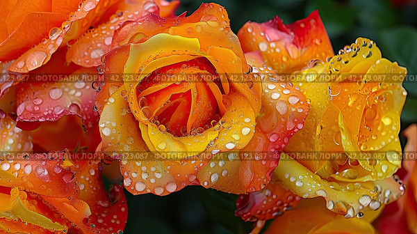 Macrophotography of red and yellow roses in dew drops. Background for website design or computer wallpaper. Стоковое AI-изображение, AI-художник Ярославский Максим / Фотобанк Лори