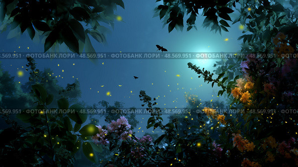 Magical evening in a serene forest filled with glowing fireflies and blooming flowers under a moonlit sky. Стоковое AI-изображение, AI-художник Сергей Толмачёв / Фотобанк Лори