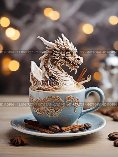 Magical New Year's Eve is full of miracles. A cup of hot strong coffee and a Dragon, a symbol of the New Year according to the eastern calendar. New Year's festive table. Стоковое AI-изображение, AI-художник Сергей Елизарьев / Фотобанк Лори
