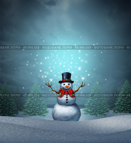 Magical snowman winter holiday as a merry christmas and happy new year greeting card with a cute happy snow character with glowing  northern lights snowflake sparkles in an evergreen landscape with 3D illustration elements. Стоковое фото, агентство Ingram Publishing / Фотобанк Лори