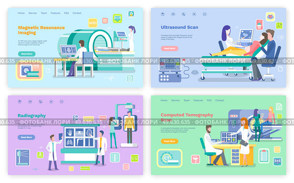 Magnetic resonance imaging and ultrasound scan vector, people at gynecologists, pregnant woman diagnostics. CT or MRI innovative devices. Website or webpage template, landing page flat style. Magnetic Resonance Imaging MRI and CT Website. Стоковая иллюстрация, агентство Ingram Publishing / Фотобанк Лори