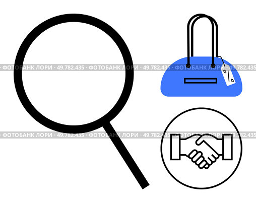 Magnifying glass, handshake, and blue handbag with price tag. Ideal for e-commerce, marketing, retail, customer service, partnership business agreements sales. Line metaphor. Magnifying Glass, Handshake, and Blue Handbag with Price Tag Representing Shopping Experience. Стоковая иллюстрация, агентство Ingram Publishing / Фотобанк Лори