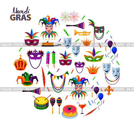 Magri Gras carnival concept with masks, musical instruments, decoration elements and food isolated flat vectors. Masquerade and costumed party attributes illustration for celebration invitation design. Magri Gras Carnival Attributes Flat Vector Concept. Стоковая иллюстрация, агентство Ingram Publishing / Фотобанк Лори