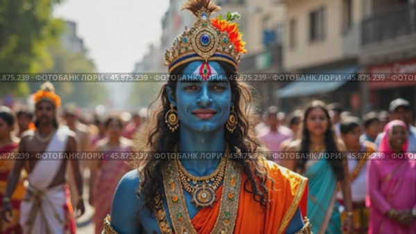 Maha Shivaratri Celebration Featuring a Male Dressed as Deity Shiva in a Vibrant Cultural Parade. Стоковое AI-видео, аниматор Sergey Grishin / Фотобанк Лори