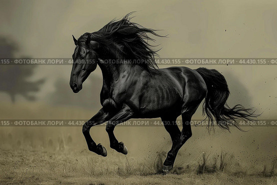 Majestic Black horse prancing. Generate AI. Стоковое AI-изображение, AI-художник Иван Рябоконь / Фотобанк Лори