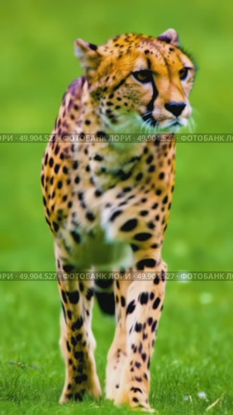 Majestic cheetah striding gracefully across lush green terrain in slow motion. Стоковое AI-видео, аниматор Владимир Федоров / Фотобанк Лори