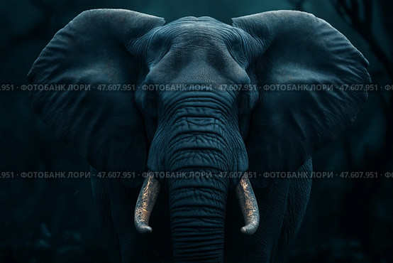 Majestic elephant standing still in a dark forest environment at dusk. Величественный слон неподвижно стоит в темном лесу в сумерках. Стоковое AI-изображение, AI-художник Katsiaryna Repich / Фотобанк Лори