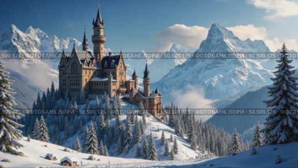 Majestic fairytale castle on a snowy mountain surrounded by pine trees and dramatic landscape under a bright winter sky. aerial perspective, vampire lands. Lone mansion. Стоковое AI-видео, аниматор Sergey Grishin / Фотобанк Лори