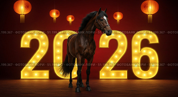 Majestic horse with glowing 2026 and lanterns on red festive background. Стоковое AI-изображение, AI-художник Гузель Набиуллина / Фотобанк Лори