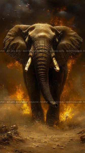 Majestic march: Powerful pachyderm confronts inferno with stoic strength, standing as nature's resilient guardian in golden hour. Стоковое AI-изображение, AI-художник Данила Большаков / Фотобанк Лори