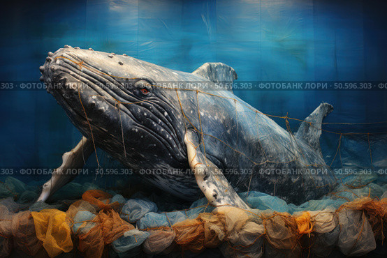 Majestic whale entangled in ocean debris. Стоковое AI-изображение, AI-художник Иван Рябоконь / Фотобанк Лори