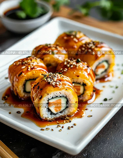 Maki rolls with salmon. Enjoy your meal! Стоковое AI-изображение, AI-художник Сергей Елизарьев / Фотобанк Лори