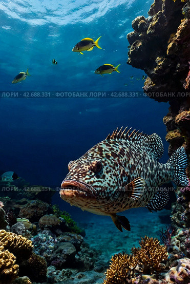 Malabar grouper swimming in tropical underwaters. Grouper in underwater world. Observation of animal world. Scuba diving adventure in South Africa coast of RSA. Стоковое AI-изображение, AI-художник Aleksandr Golubev / Фотобанк Лори