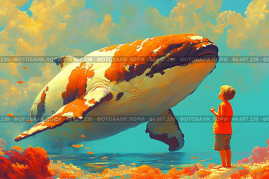 Мальчик и Кит. Стоковое AI-изображение, AI-художник Щеголева Ольга / Фотобанк Лори
