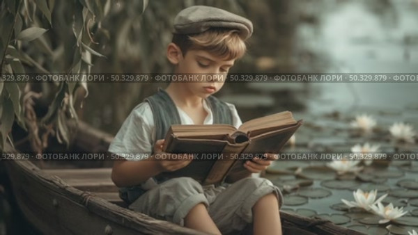 Мальчик сидит в деревянной лодке и читает книгу, листает страницы. Летний день на озере с цветущими кувшинками, летний день. Стоковое AI-видео, аниматор Щеголева Ольга / Фотобанк Лори