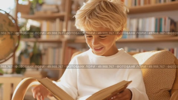 Мальчик в белом джемпере листает толстую книгу, сидя в уютном кресле. Домашняя уютная обстановка. Стоковое AI-видео, аниматор Щеголева Ольга / Фотобанк Лори