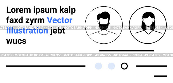 Male and female avatars, placeholder text, lines, circles, interactive dots. Ideal for online profiles, user interfaces, account settings, social media, apps, dashboards, and websites Landing page. Modern Profile UI Design Featuring Male and Female Avatars and Interactive Elements. Стоковая иллюстрация, агентство Ingram Publishing / Фотобанк Лори