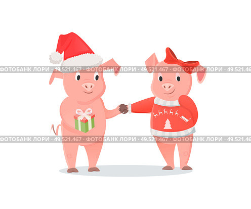 Male and female piglets, pigs in hat and bow, New Year or Christmas holiday. Animal exchange gift, livestock mammals, zodiac symbol vector illustration. Male and Female Piglets, New Year or Christmas. Стоковая иллюстрация, агентство Ingram Publishing / Фотобанк Лори