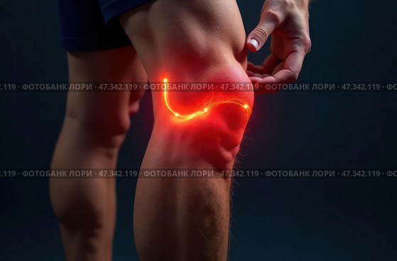 Male athlete with pumped up legs with knee injury. Pain in kneecap pierces and burns. Стоковое AI-изображение, AI-художник Коханова Наталья / Фотобанк Лори