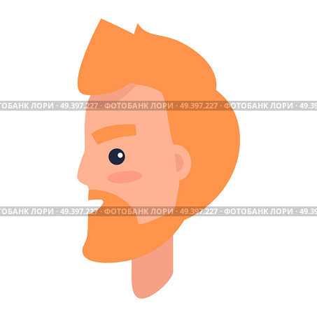 Male cartoon redhead character with beard turned in profile isolated on white background. Man head with beard and thick eyebrows that smiles vector illustration. Human profile portrait image.. Redhead Male Character in Profile Illustration. Стоковая иллюстрация, агентство Ingram Publishing / Фотобанк Лори