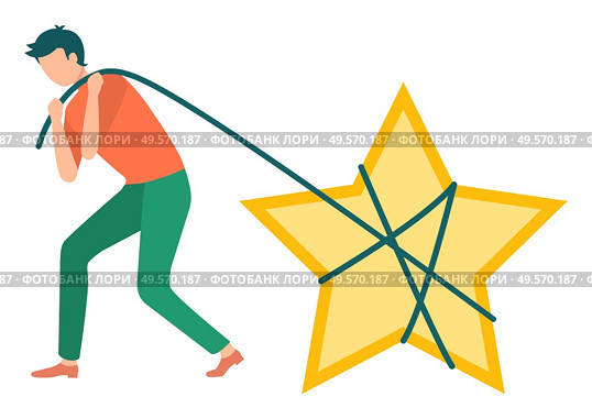 Male character carrying star with rope, get best services for business. Work success, ranking sign, winner strategy, reputation or status, five. Vector illustration in flat cartoon style. Man with Star, Business Success, Reputation Vector. Стоковая иллюстрация, агентство Ingram Publishing / Фотобанк Лори