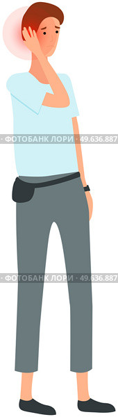 Male character with earache touching his head. Guy with sad face is suffering from pain in his ear. Painful sensations of sick person. Young man grabs his hand to ear, with symptoms of earache. Guy with sad face is suffering from pain in his ear. Painful sensations of sick person with earache. Стоковая иллюстрация, агентство Ingram Publishing / Фотобанк Лори