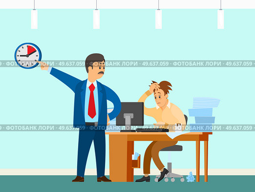 Male character working at computer and doing paperwork to finish task. Boss urges employee to complete assignment defore deadline. Angry director with subordinate work to deal with deadline. Angry director with subordinate work to deal with deadline. Boss urges employee to complete task. Стоковая иллюстрация, агентство Ingram Publishing / Фотобанк Лори