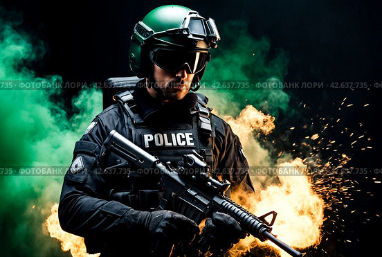 Male in uniform and helmet with weapon at explosion, smoke, fire sparks on black green background. Tactical units of police, military mission. Social problems and uprisings concept. Copy ad text space. Стоковое AI-изображение, AI-художник Aleksandr Golubev / Фотобанк Лори
