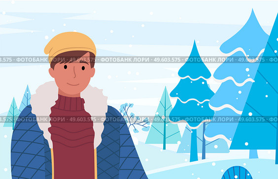Male personage in warm clothing posing on inter scenery background. landscape with trees and hills covered with snow. Boy in knitted sweater and hat, furry jacket outwear. Child on vacation vector. Man Wearing Warm Clothes and Winter Landscape. Стоковая иллюстрация, агентство Ingram Publishing / Фотобанк Лори