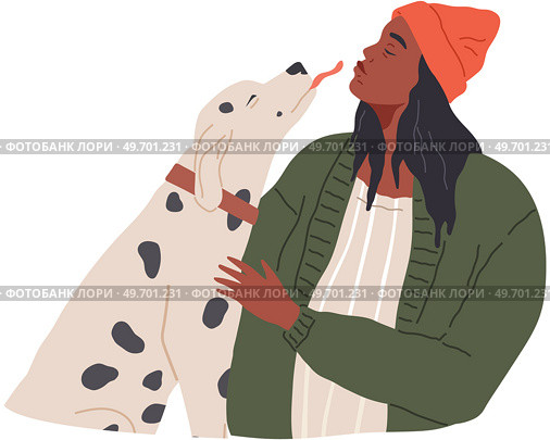 Male pet owner plays with dalmatian dog. Caring for four-footed friend concept. Doggy and happy african man friends isolated on white background. Puppy, domestic animal, human companion with guy. Male pet owner plays with dalmatian dog. Puppy, domestic animal, human companion with guy. Стоковая иллюстрация, агентство Ingram Publishing / Фотобанк Лори