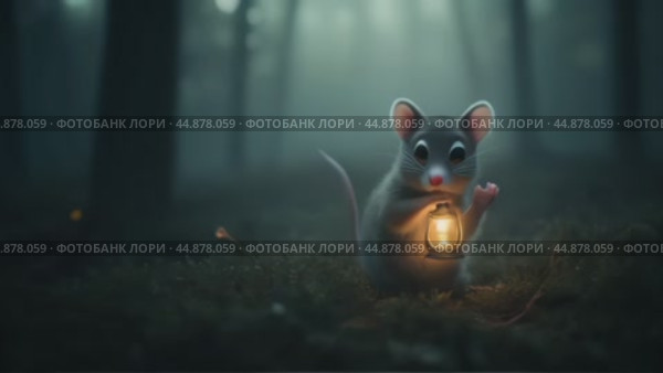 Маленькая мышь с фонарем на фоне туманного леса. Стоковое AI-видео, аниматор Виктория Кольцова / Фотобанк Лори