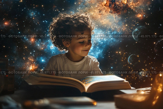 Маленький мальчик, держащий книгу, с кружащимся разноцветным светом и планетой вдалеке, символизирующей воображение и творческий подход к чтению. Стоковое AI-изображение, AI-художник Ярославский Максим / Фотобанк Лори
