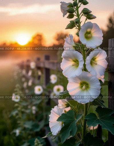 Malva is a genus of herbaceous annual, biennial, and perennial plants in the family Malvaceae. Стоковое AI-изображение, AI-художник Сергей Елизарьев / Фотобанк Лори