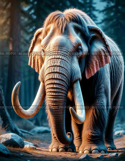 Mammoth (lat. Mammuthus) - an extinct genus of mammals of the crusted detachment. Animals usually had long curved tusks, and species that live in polar areas with long wool. They reached a height of 5.5 meters and body weight 14-15 tons. Стоковое AI-изображение, AI-художник Сергей Елизарьев / Фотобанк Лори