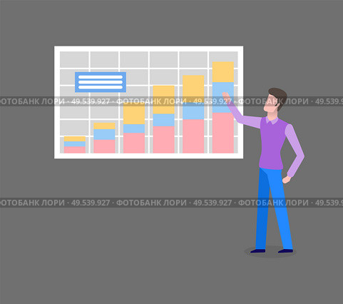 Man analyzing chart with diagrams isolated on grey. Screen with financial investments, manager worker reports about data changes in economics and banking. Man Analyzing Chart with Diagrams Isolated Vector. Стоковая иллюстрация, агентство Ingram Publishing / Фотобанк Лори