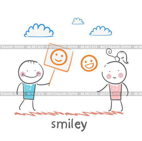 man and girl holding posters with fun emoticons. Стоковая иллюстрация, агентство Ingram Publishing / Фотобанк Лори