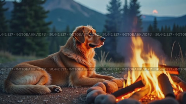 Man and pet dog rest next to campfire on hike trip. Стоковое AI-видео, аниматор Sergey Grishin / Фотобанк Лори