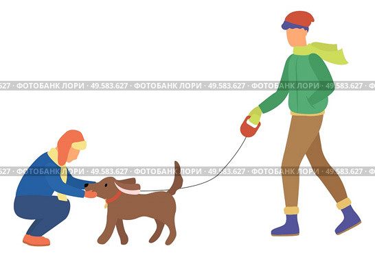 Man and woman walking with dog in winter park. Couple leisure outdoor with domestic pet. Male and female wearing casual clothes going with labrador. Friend training animal character outside vector. People Walking with Dog in Winter Park Vector. Стоковая иллюстрация, агентство Ingram Publishing / Фотобанк Лори