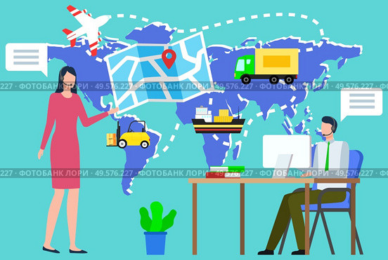 Man and woman working in logistics vector, people with map and location pointer. Flat style character monitoring orders and cargo, plane and lorry, van and ferry for transportation of products. Worldwide Logistics, Shipping Company Support. Стоковая иллюстрация, агентство Ingram Publishing / Фотобанк Лори