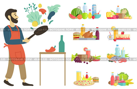 Man at home cooking dishes vector, hobby of person food and ingredients. Water and watermelon, juice and meal, parsley and paprika, vegetables fruits. Person Cooking at Home, Set of Dishes Food Hobby. Стоковая иллюстрация, агентство Ingram Publishing / Фотобанк Лори