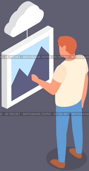 Man browsing photo gallery, picture on mobile phone display. Smartphone screen with photo and video storage app icon. Virtual storage application for images. Posting photos to social network concept. Man browsing photo gallery, picture on mobile phone display, screen with photo and video storage. Стоковая иллюстрация, агентство Ingram Publishing / Фотобанк Лори