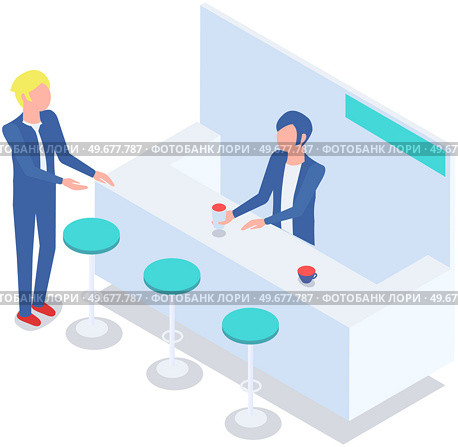 Man buys drinks at bar. Bartender prepares cocktails for visitors. Chairs near bar with alcoholic beverages. Sale of snacks and alcohol. Modern furniture and interior elements for cafe or nightclub. Man buys drinks at bar. Bartender prepares cocktails. Modern interior for cafe or nightclub. Стоковая иллюстрация, агентство Ingram Publishing / Фотобанк Лори