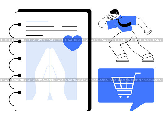 Man celebrating success, paper with praying hands and heart symbol, shopping cart icon in chat bubble. Ideal for online shopping, e-commerce, achievements, prayer, gratitude, journaling, digital. Man Celebrating Success, Shopping Cart Icon, and Notebook with Praying Hands and Heart Symbol. Стоковая иллюстрация, агентство Ingram Publishing / Фотобанк Лори