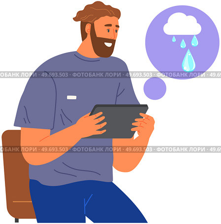 Man checks weather and air temperature in application. Program with forecasts on tablet vector illustration. Guy using meteorological app with weather forecast. Climate change indicator, rain, thunder. Man checks weather and air temperature in application. Guy using meteorological app with forecast. Стоковая иллюстрация, агентство Ingram Publishing / Фотобанк Лори